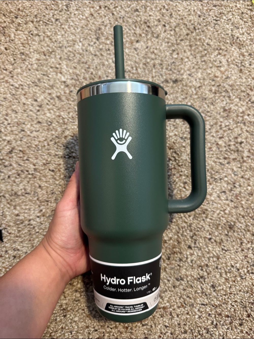 Hydro Flask Matte Forest Green Insulated Travel Mug with Handle & Straw